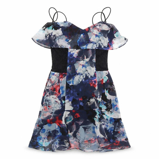 Front view of Bardot women’s multicoloured geometric polyester mini, size UK 8, v-neck zip