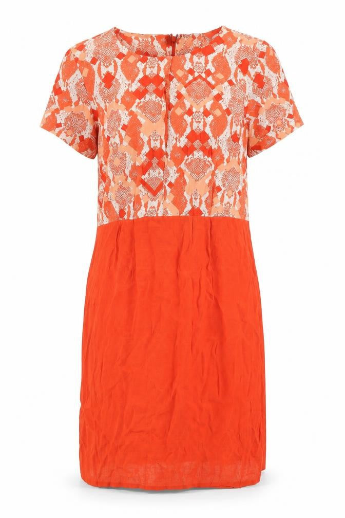 Front view of French Connection women’s orange geometric viscose shift, size UK 8, round neck zip