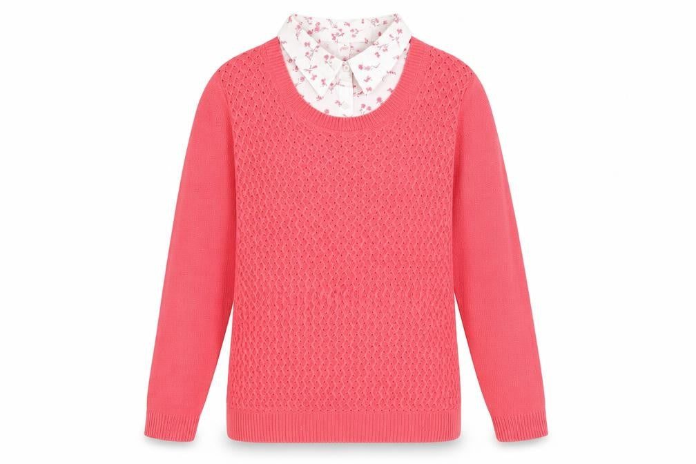 Front view of EWM women’s pink collared acrylic jumper, size UK 10, -, size UK 10-12
