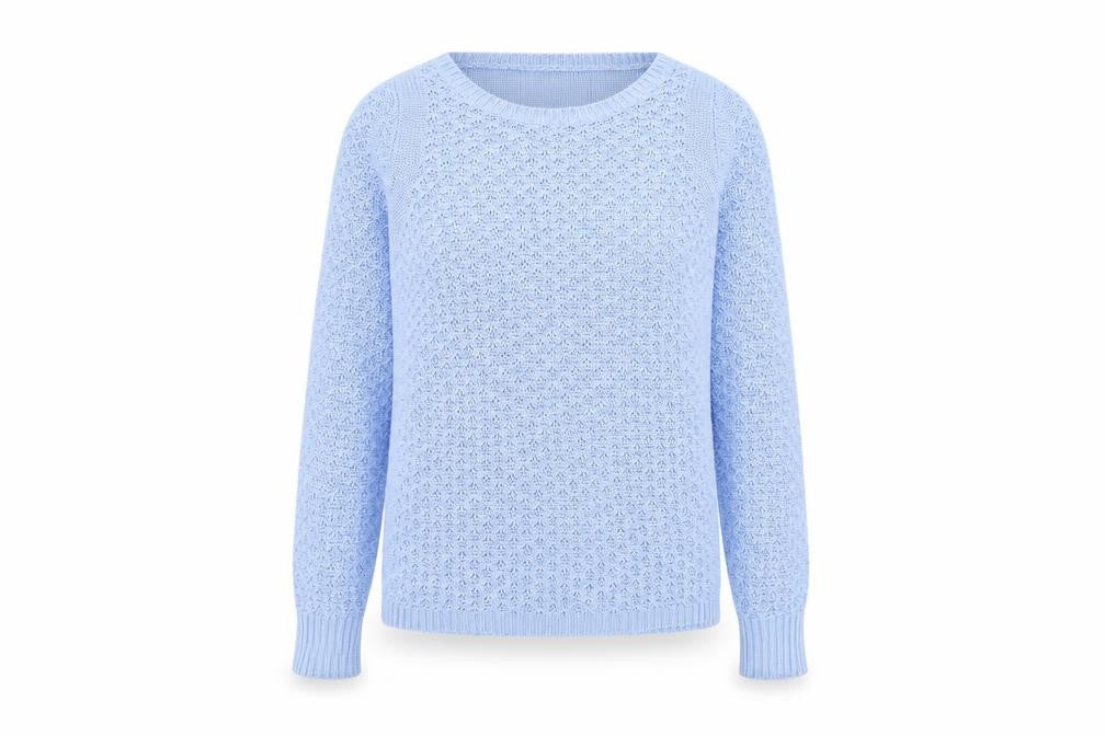 Front view of Oasis women’s blue boat neck acrylic jumper, size S