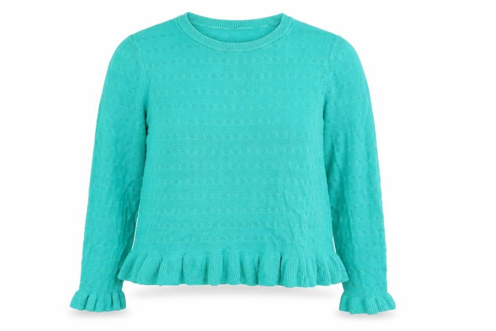 Front view of Marks & Spencer women’s green crew neck viscose jumper, size UK 14