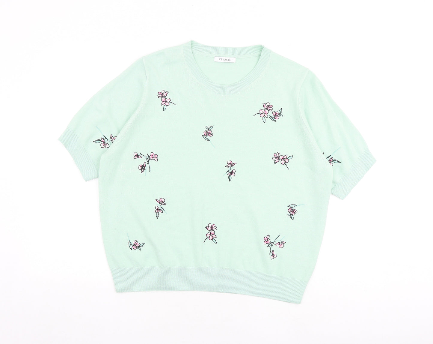 Classic Womens Green Crew Neck Floral Acrylic Pullover Jumper Size 20