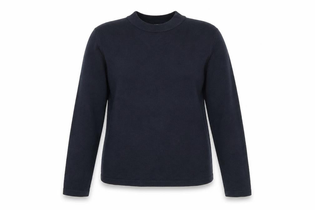 Front view of Marks & Spencer women’s blue mock neck acrylic jumper, size UK 14