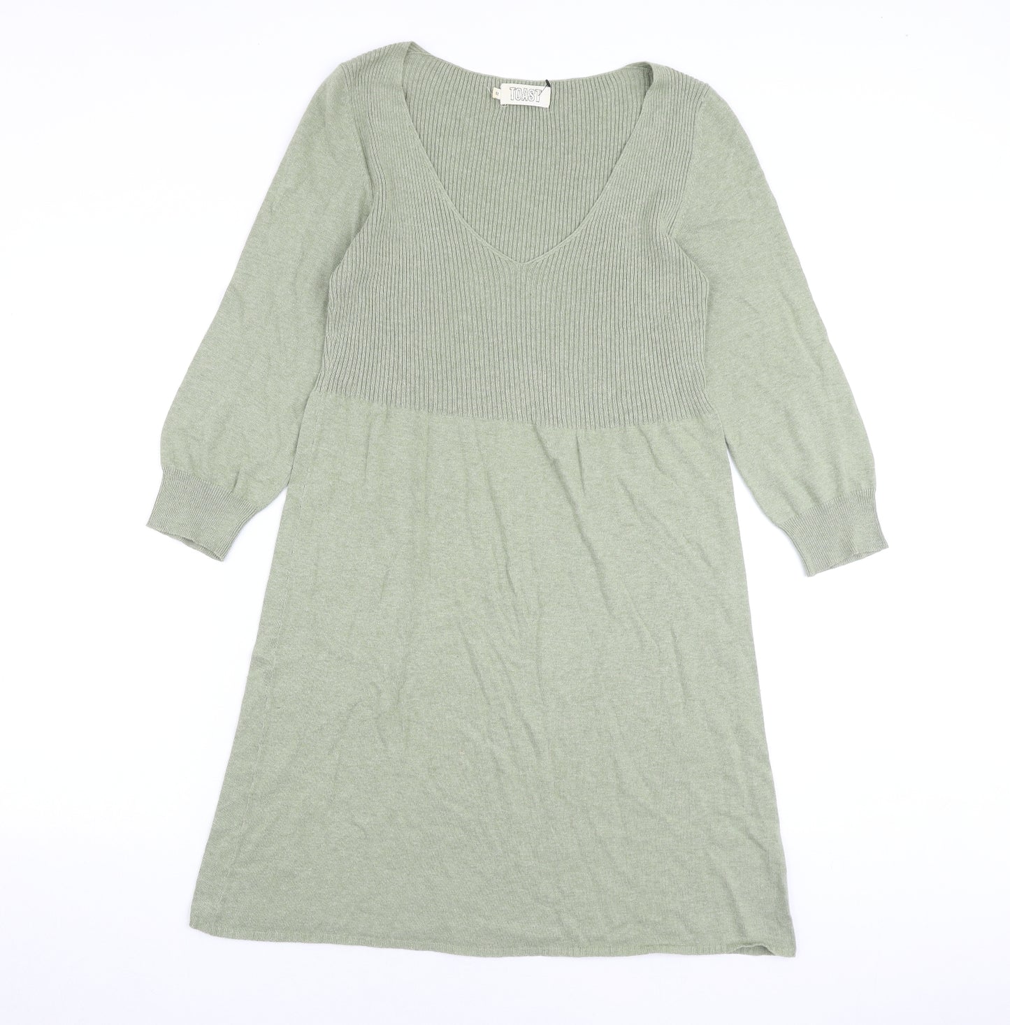 Toast Womens Green 100% Cotton Jumper Dress Size 12 V-Neck Pullover