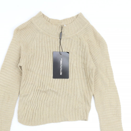 PRETTYLITTLETHING Womens Beige Round Neck Acrylic Pullover Jumper Size 6