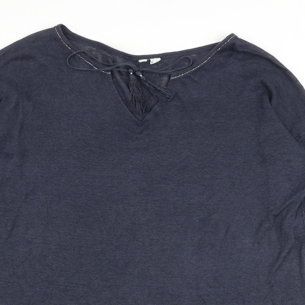 White Stuff Womens Blue Boat Neck 100% Cotton Pullover Jumper Size 16 - Embellished Neckline