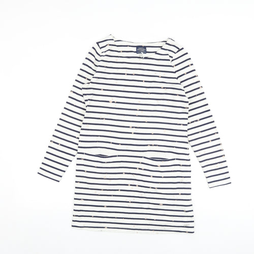 Joules Womens White Striped 100% Cotton T-Shirt Dress Size 12 Boat Neck Pullover - Star Print