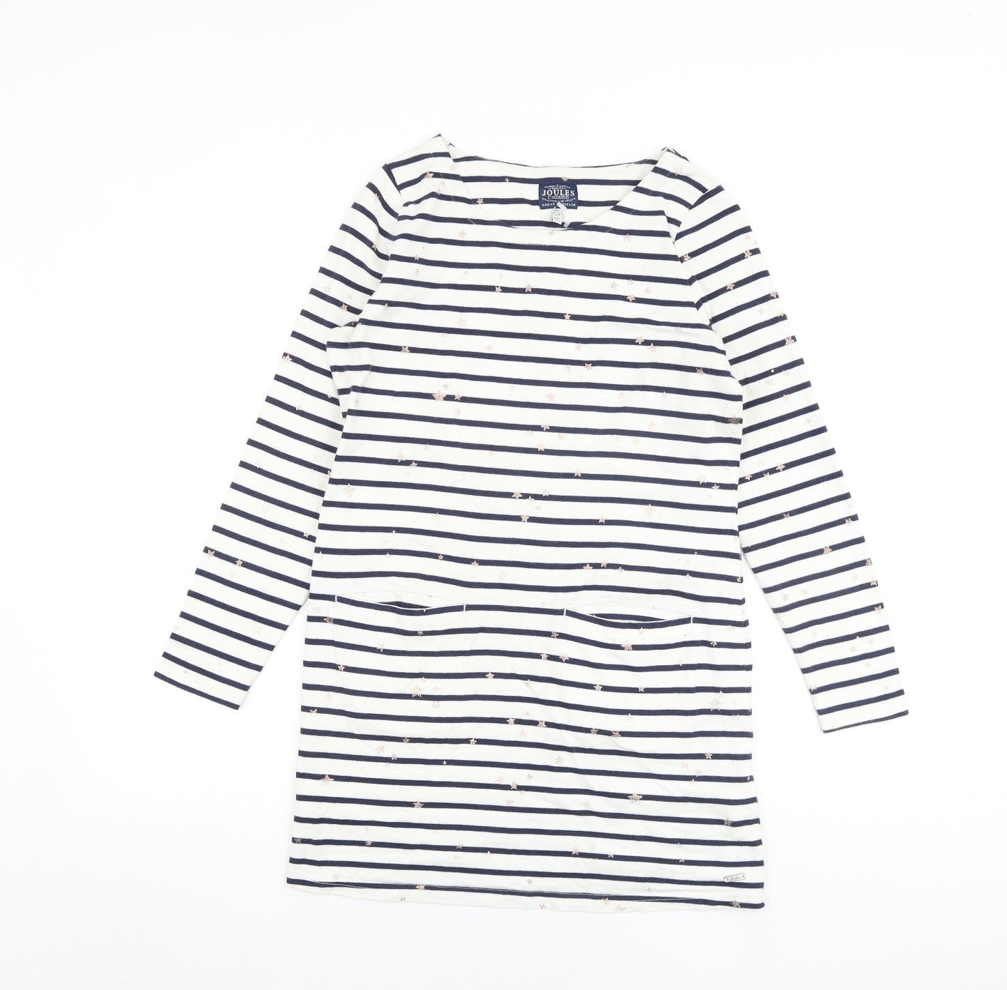 Joules Womens White Striped 100% Cotton T-Shirt Dress Size 12 Boat Neck Pullover - Star Print