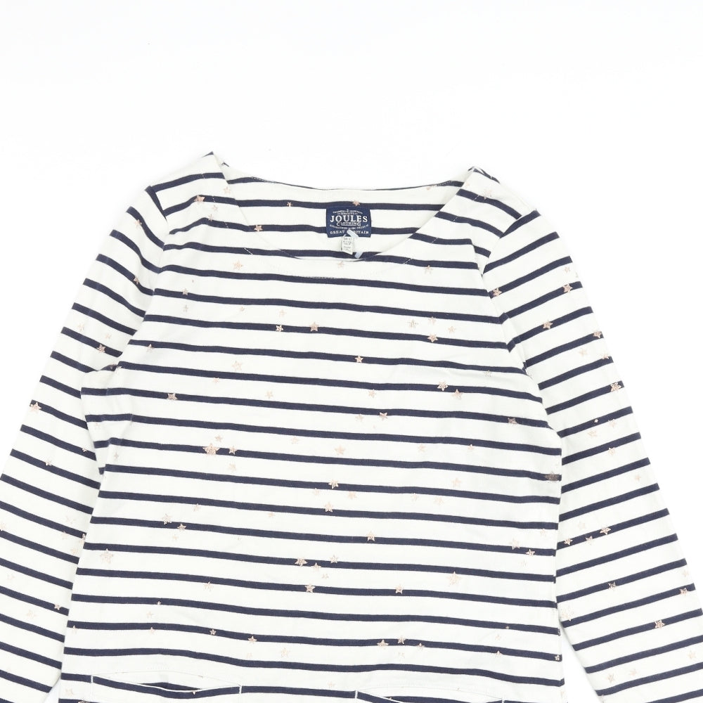 Joules Womens White Striped 100% Cotton T-Shirt Dress Size 12 Boat Neck Pullover - Star Print