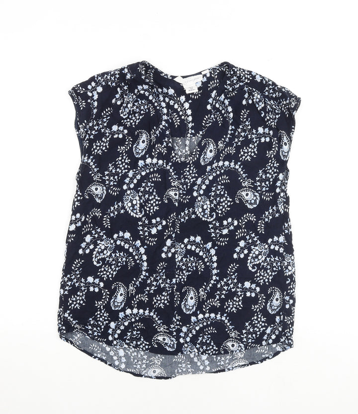 H&M Womens Blue Paisley Viscose Basic Blouse Size 8 V-Neck