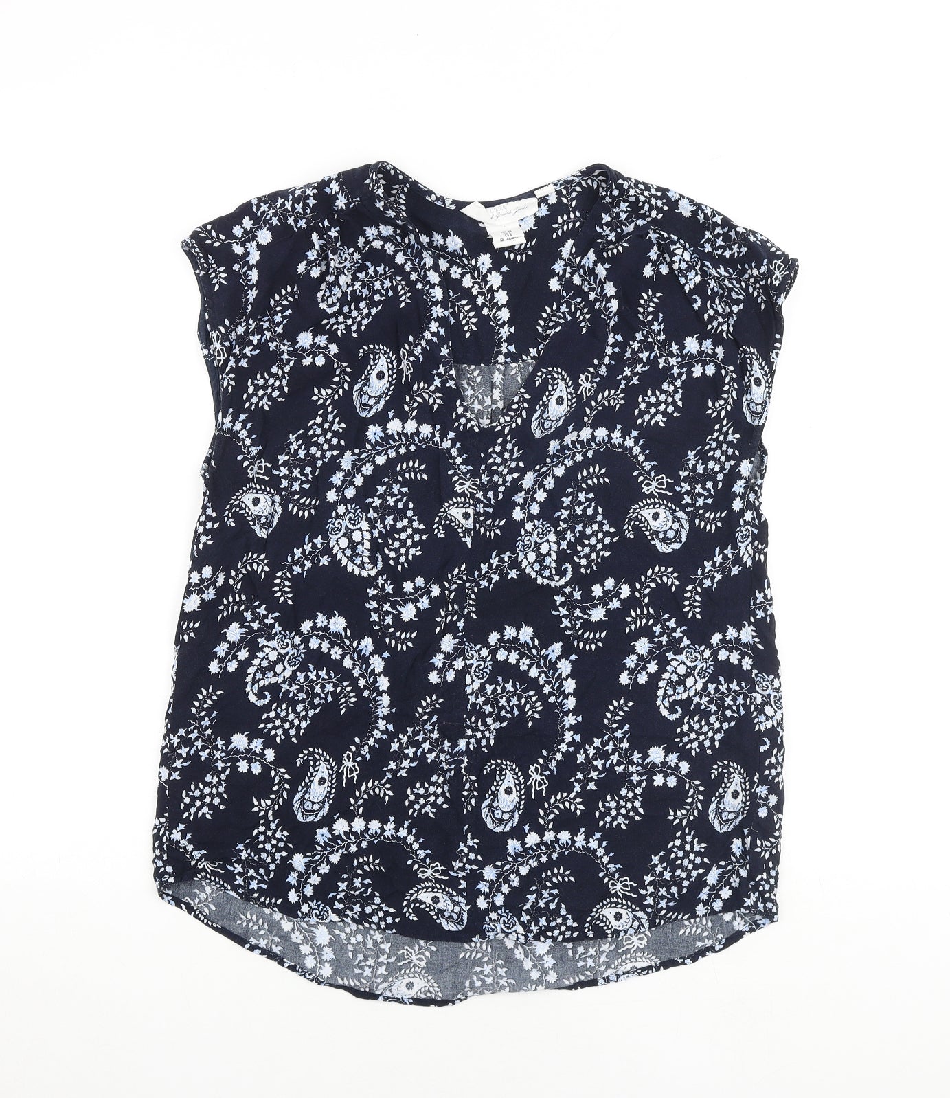 H&M Womens Blue Paisley Viscose Basic Blouse Size 8 V-Neck