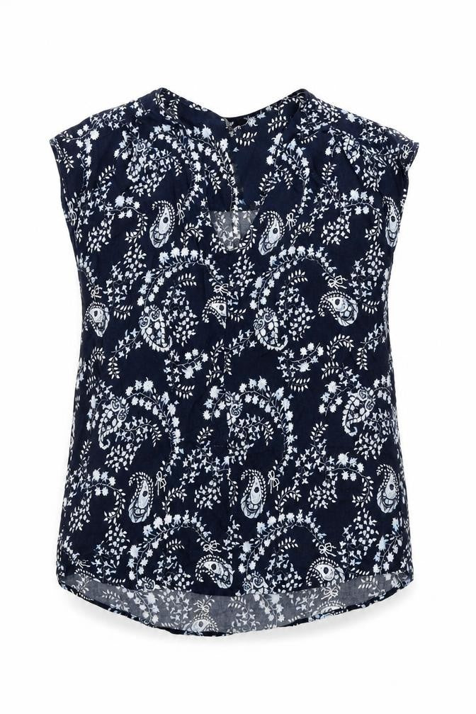 Front view of H&M women’s blue paisley viscose basic blouse, size UK 8, v-neck