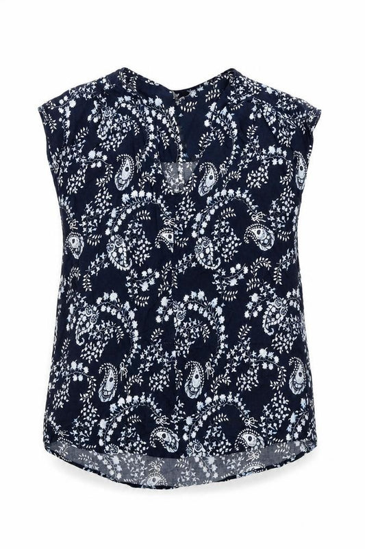 Front view of H&M women’s blue paisley viscose basic blouse, size UK 8, v-neck