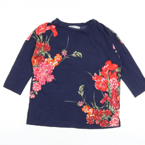 Oasis Womens Blue Floral 100% Cotton Basic T-Shirt Size XS Crew Neck