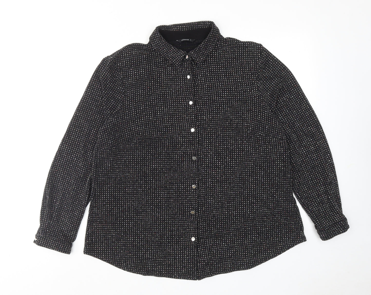 Roman Womens Black Geometric Polyamide Basic Button-Up Size 16 Collared