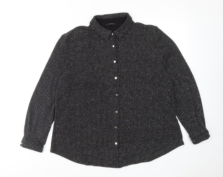 Roman Womens Black Geometric Polyamide Basic Button-Up Size 16 Collared