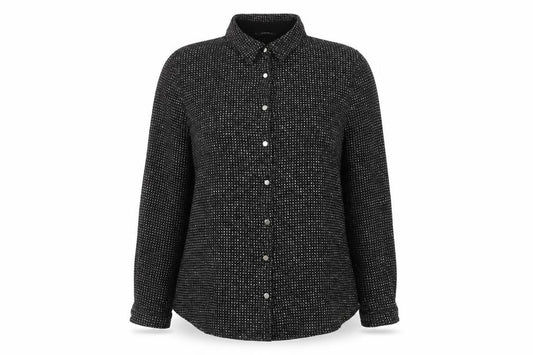 Front view of Roman women’s black geometric polyamide basic button-up, size UK 16, collared