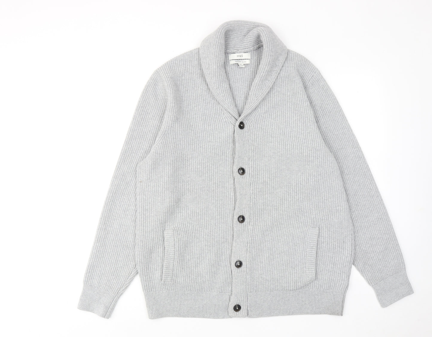 Marks and Spencer Mens Grey V-Neck Polyester Cardigan Jumper Size 2XL Long Sleeve