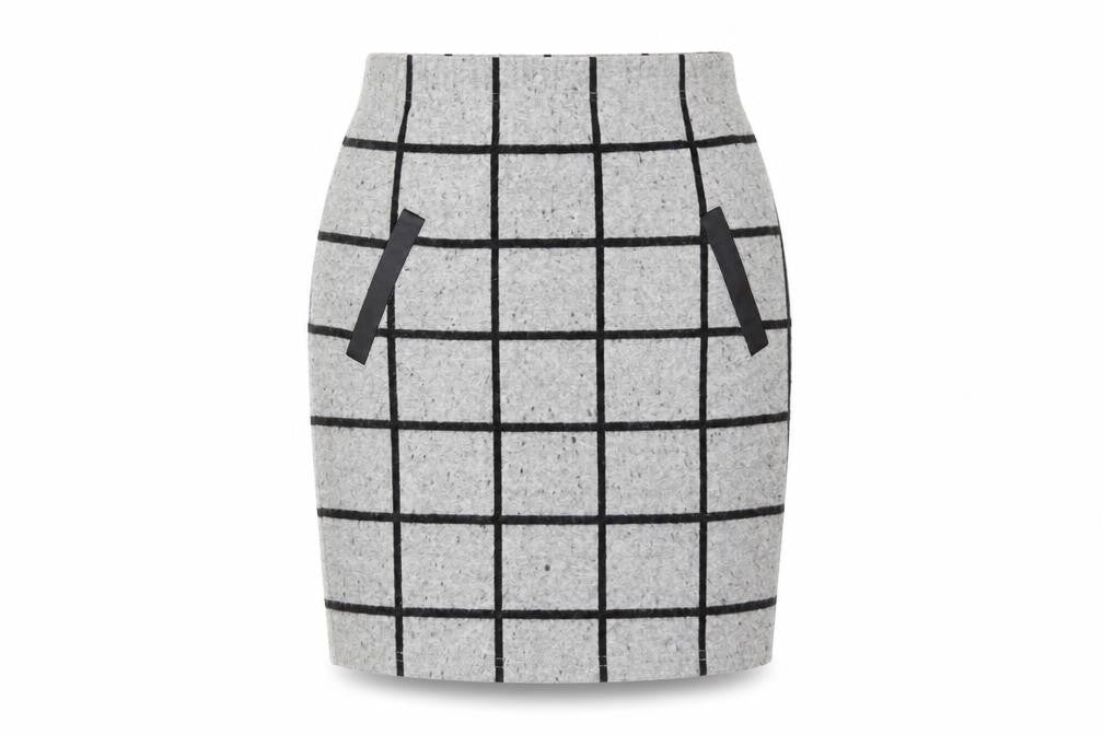 Front view of Select women’s grey check polyester straight & pencil skirt, size UK 8