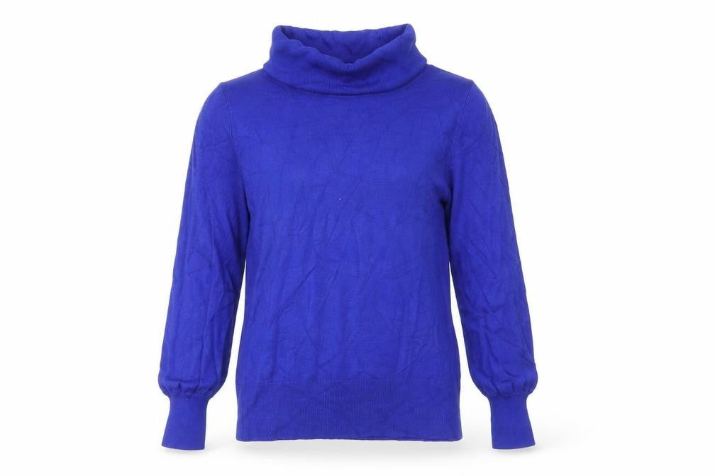 Front view of Marks & Spencer women’s blue roll neck viscose jumper, size UK 10