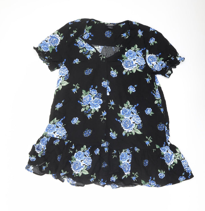 Monki Womens Black Floral Viscose Basic Blouse Size S V-Neck
