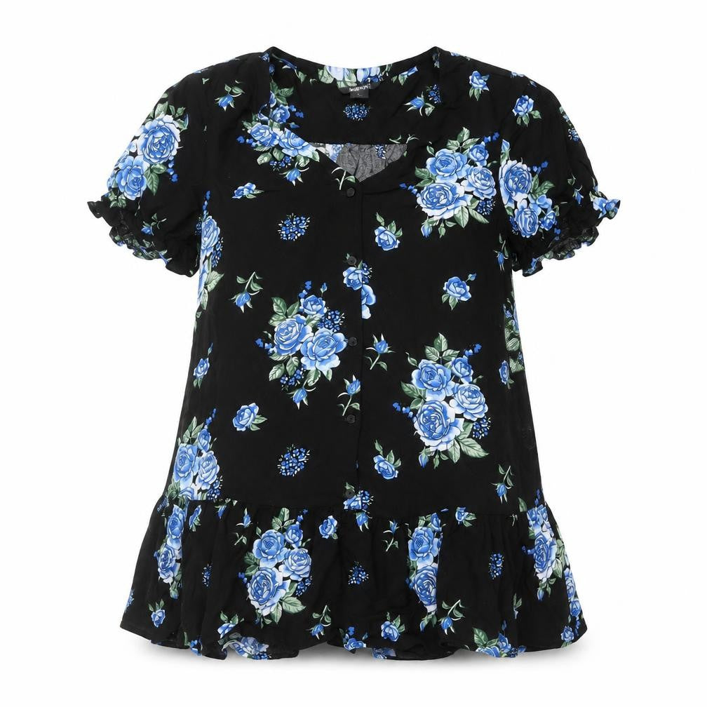 Front view of Monki women’s black floral viscose basic blouse, size S, v-neck