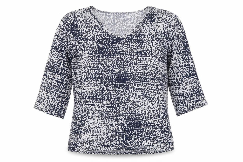 Front view of Ann Taylor women’s blue geometric cotton basic blouse, size M, v-neck