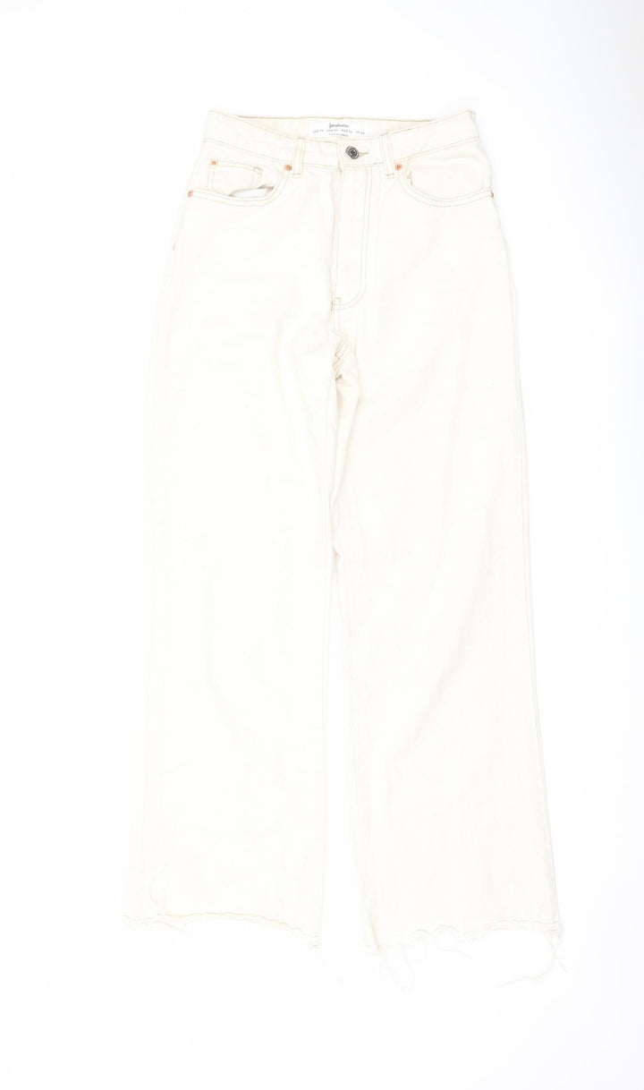 Stradivarius Womens Ivory Cotton Straight Jeans Size 8 L29 in Regular Button - Frayed Hem
