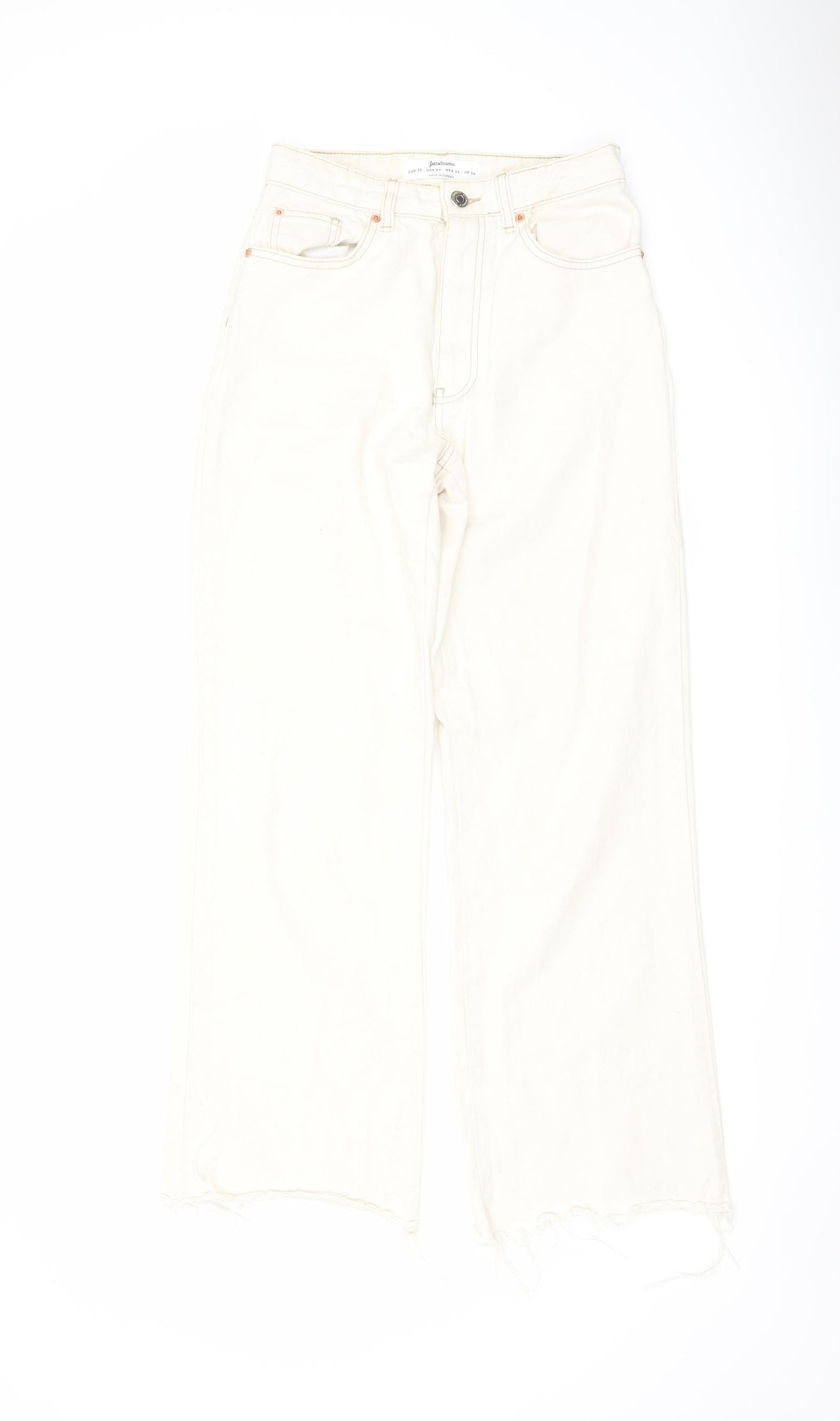 Stradivarius Womens Ivory Cotton Straight Jeans Size 8 L29 in Regular Button - Frayed Hem