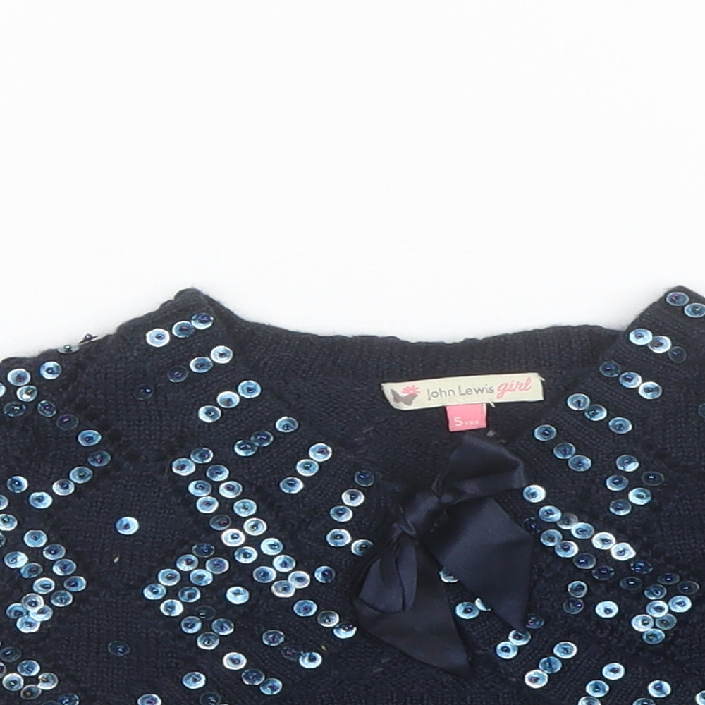John Lewis Girls Blue V-Neck Acrylic Cardigan Jumper Size 5 Years Button - Cropped