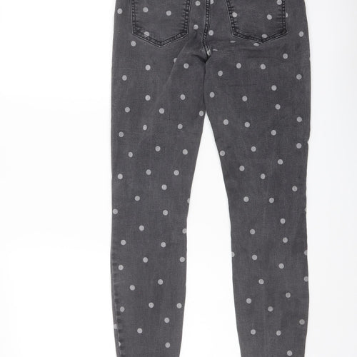 Denim & Co. Womens Grey Polka Dot Cotton Skinny Jeans Size 8 L27 in Regular Button - Frayed Hem