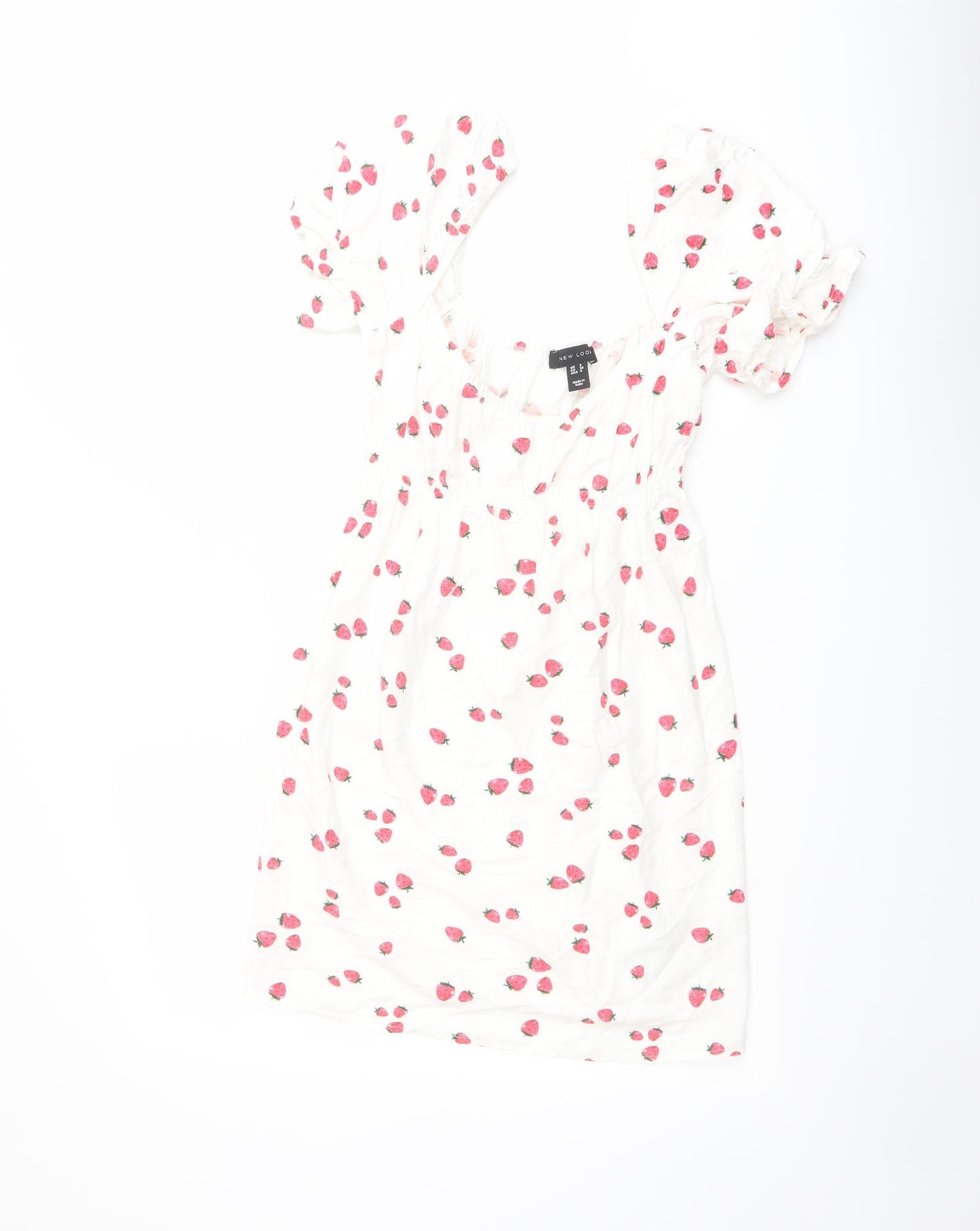 New Look Womens Ivory Geometric Cotton Mini Size 8 Scoop Neck Pullover - Strawberry Print