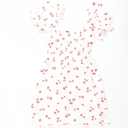 New Look Womens Ivory Geometric Cotton Mini Size 8 Scoop Neck Pullover - Strawberry Print