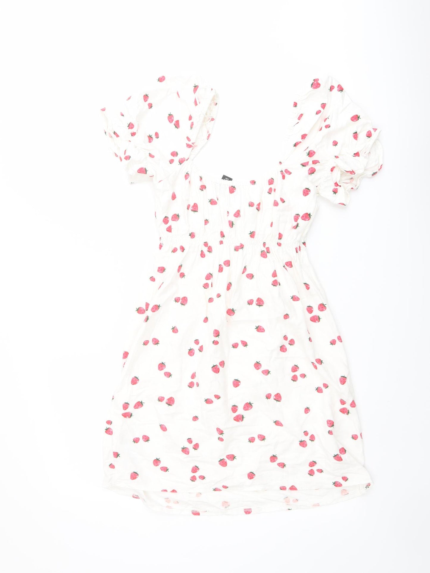 New Look Womens Ivory Geometric Cotton Mini Size 8 Scoop Neck Pullover - Strawberry Print