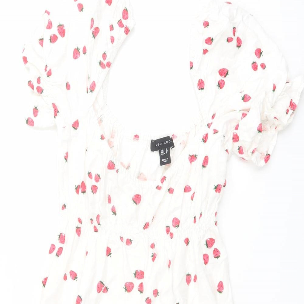 New Look Womens Ivory Geometric Cotton Mini Size 8 Scoop Neck Pullover - Strawberry Print