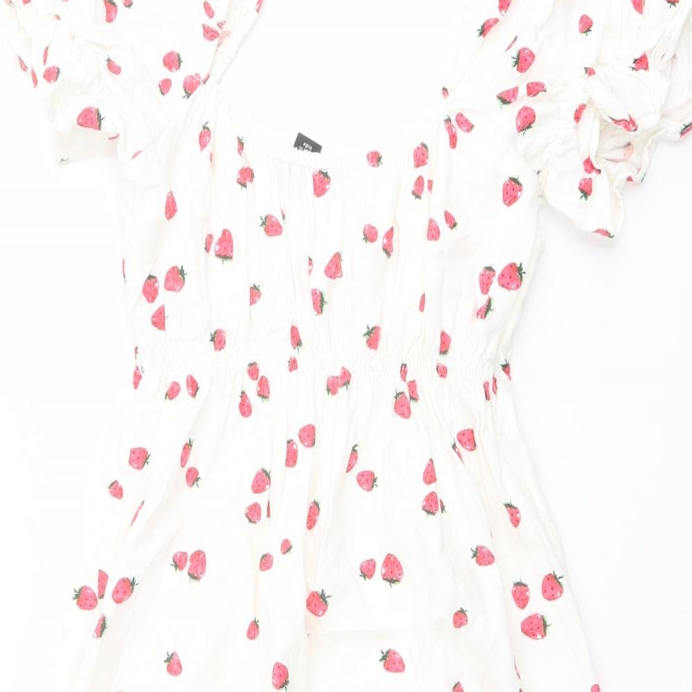 New Look Womens Ivory Geometric Cotton Mini Size 8 Scoop Neck Pullover - Strawberry Print