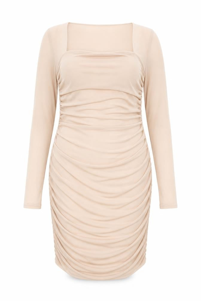 Front view of Boohoo women’s pink polyester bodycon, size UK 16, square neck