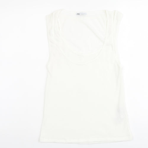 Zara Womens Ivory Polyester Basic T-Shirt Size L Scoop Neck