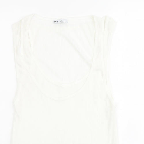 Zara Womens Ivory Polyester Basic T-Shirt Size L Scoop Neck