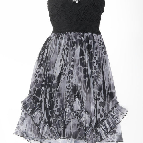 Emphasis Womens Black Animal Print Polyester Fit & Flare Size M Scoop Neck Pullover - Crochet Top
