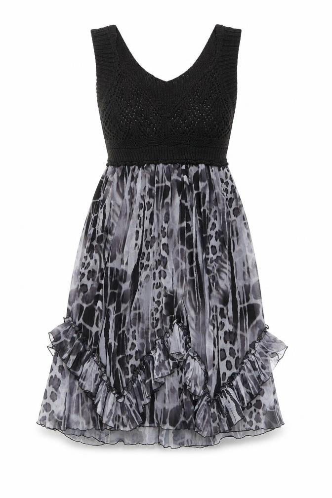 Emphasis Womens Black Animal Print Polyester Fit & Flare Size M Scoop Neck Pullover - Crochet Top