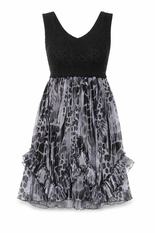 Front view of Emphasis women’s black animal print polyester fit & flare, size M, scoop neck pullover - crochet top