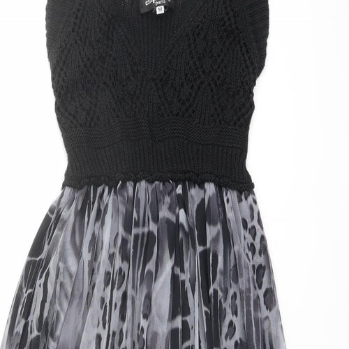 Emphasis Womens Black Animal Print Polyester Fit & Flare Size M Scoop Neck Pullover - Crochet Top
