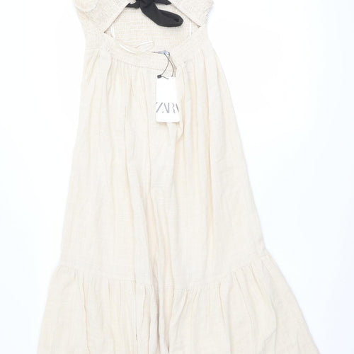 Zara Womens Ivory Polyester Maxi Size S Boat Neck Tie - Shirred Top