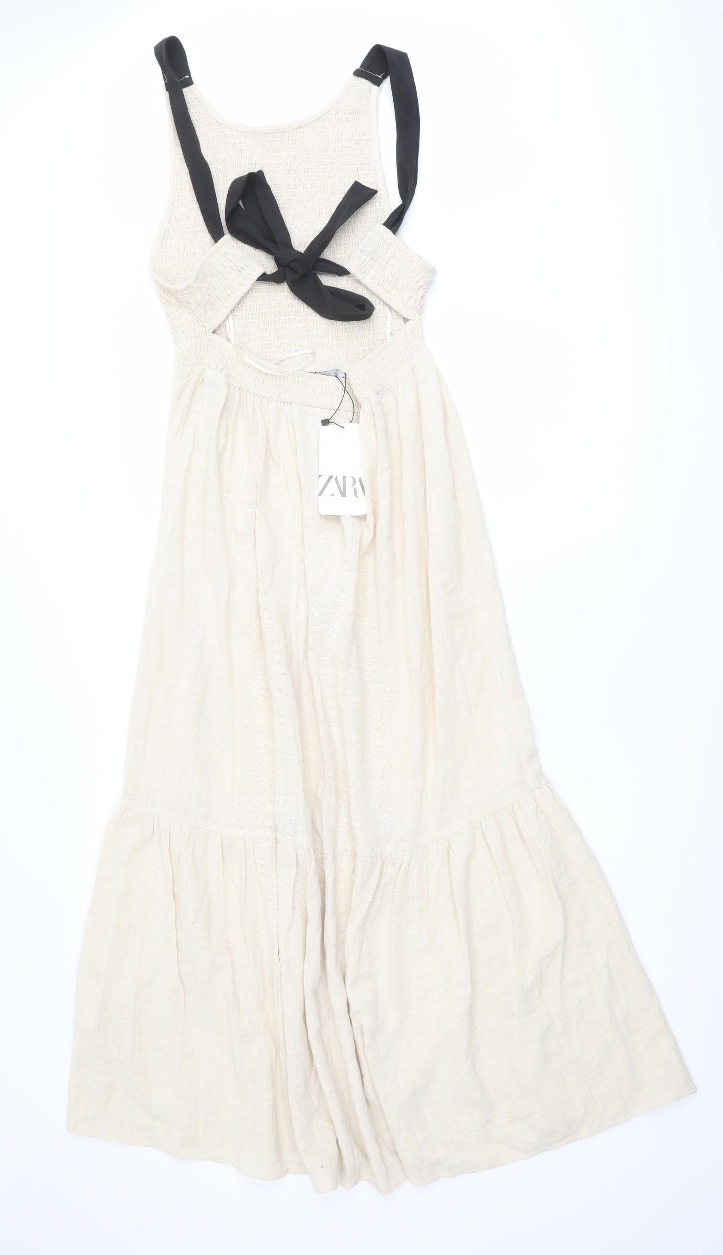 Zara Womens Ivory Polyester Maxi Size S Boat Neck Tie - Shirred Top
