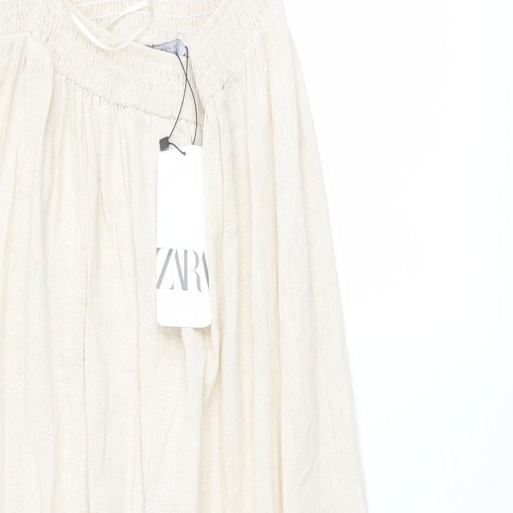 Zara Womens Ivory Polyester Maxi Size S Boat Neck Tie - Shirred Top