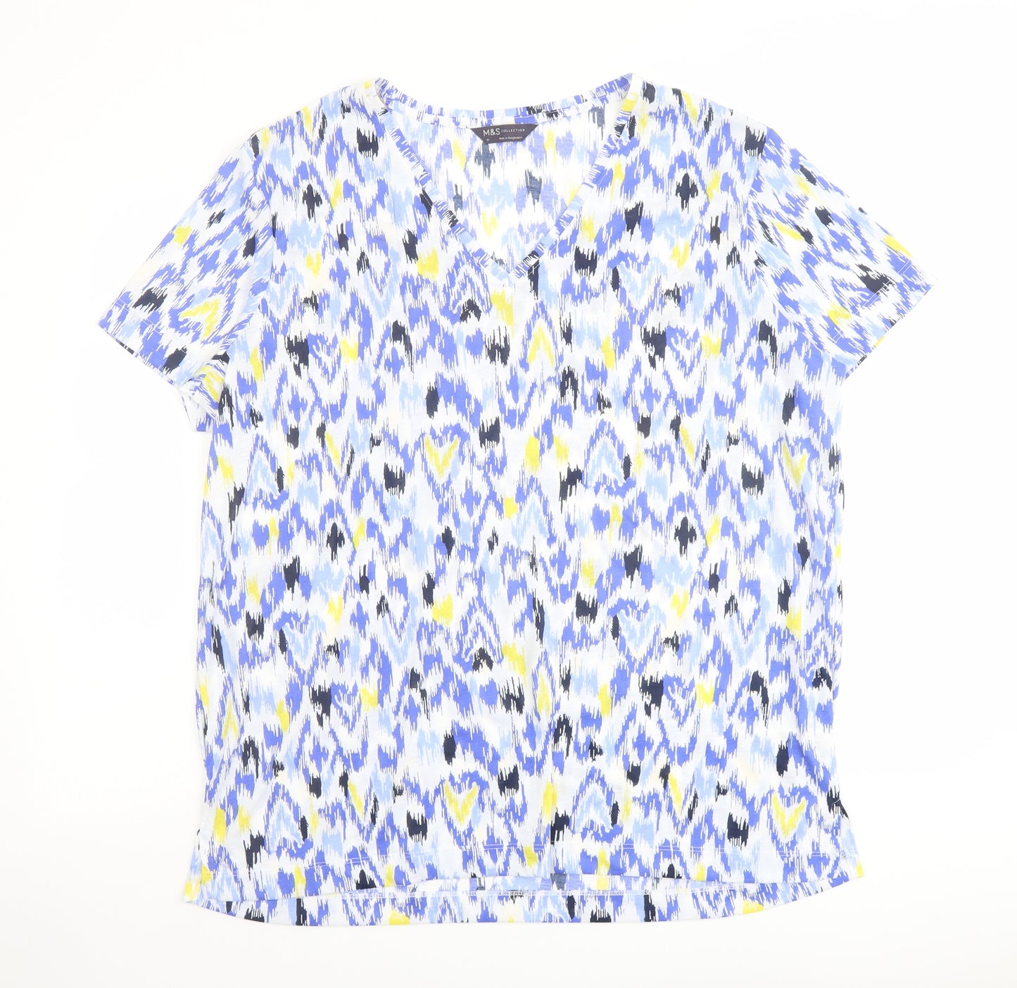 Marks and Spencer Womens Blue Geometric Polyester Basic T-Shirt Size 16 V-Neck