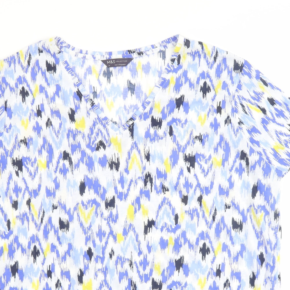 Marks and Spencer Womens Blue Geometric Polyester Basic T-Shirt Size 16 V-Neck