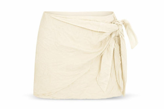 Front view of ASOS women’s beige viscose mini skirt, size UK 8, zip