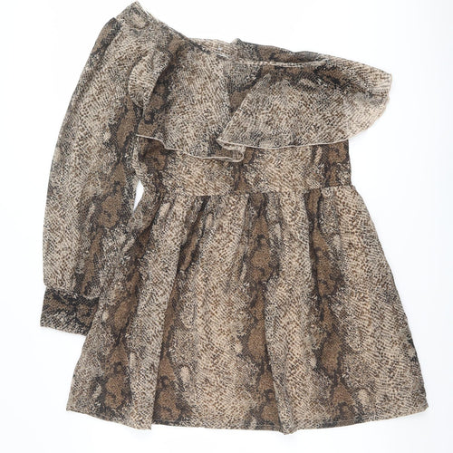 New Look Womens Brown Animal Print Polyester Fit & Flare Size 10 One Shoulder Pullover - Snake Print